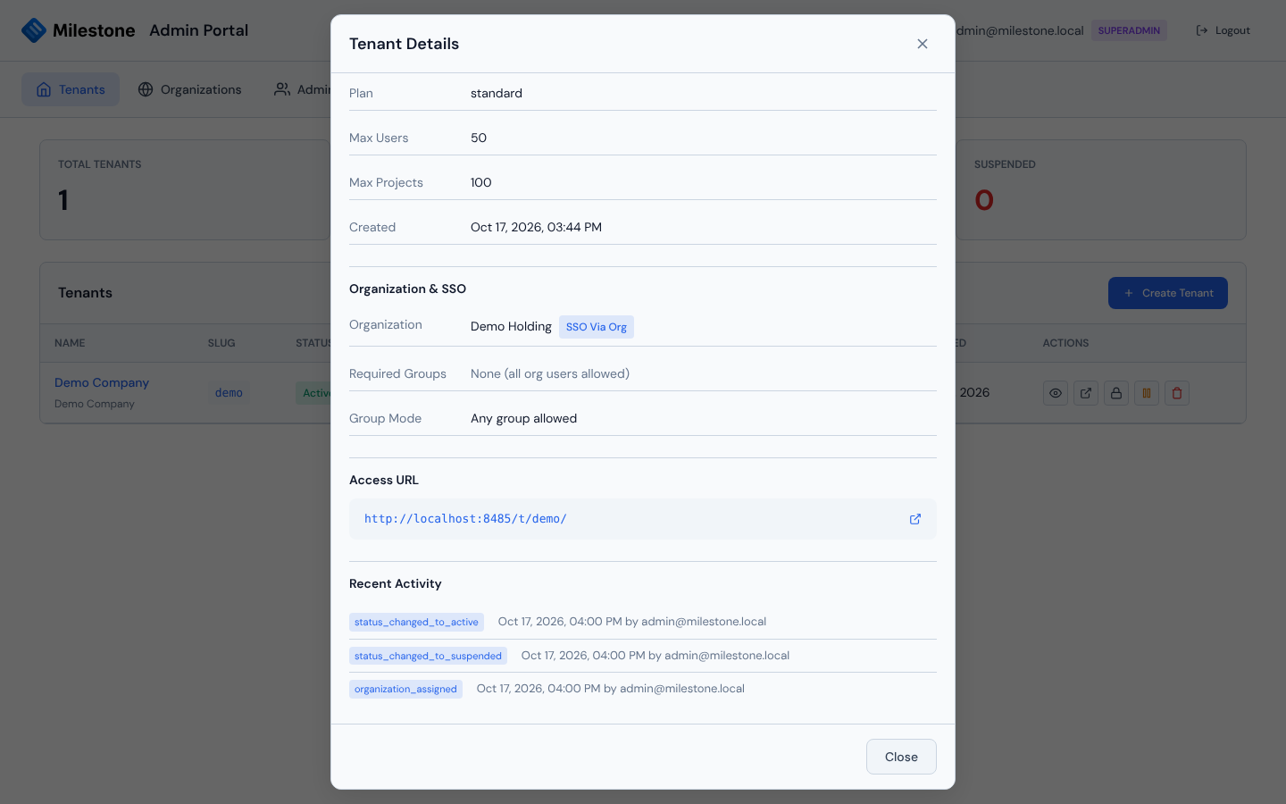 Tenant details modal with the Recent Activity audit log