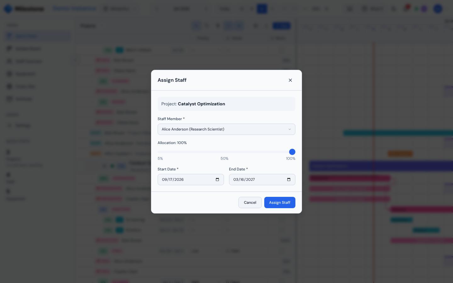 Assign Staff modal with staff dropdown, allocation slider, and date range